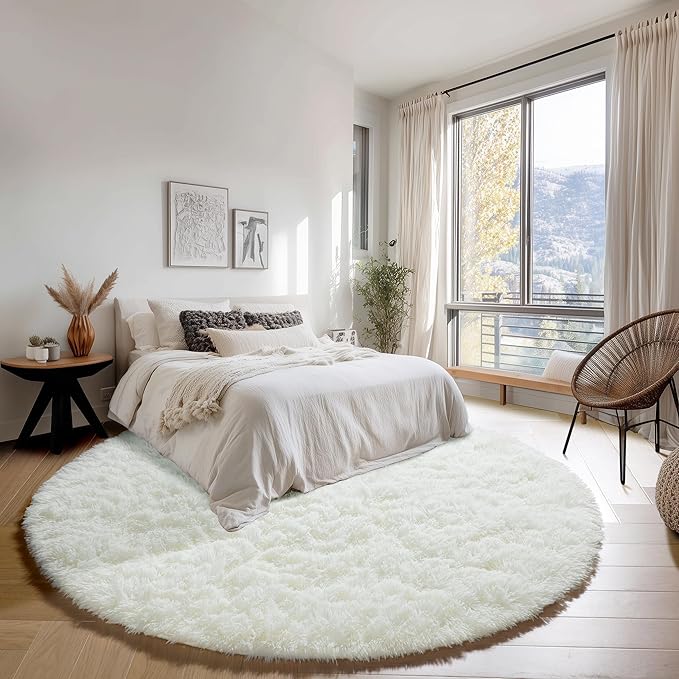 ONASAR Cream White Round Rugs 8ft for Living Room, Ivory Fluffy Bedroom Circle Area Rug, Soft Plush Shaggy Carpet for Kids Girls Boys Teen Nursery Dorm Classroom Playroom Home Decor Aesthetic