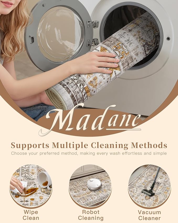Madane Runner Rug 2'6''x8' Kitchen Runner, Hallway Runner Printed Vintage Washable Rugs Soft Non-Slip Low Pile 2.5x8 ft Runners for Hallways Laundry Room Rug Distressed Rug, Brown/Gold