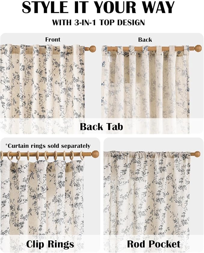 Lazzzy Black Floral Linen Curtains 84 Inch Farmhouse Back Tab Drapes for Living Room Bedroom Light Filtering Vintage Grandmillennial Rod Pocket Curtains, 2 Panels, W38 x L84, Black on Beige