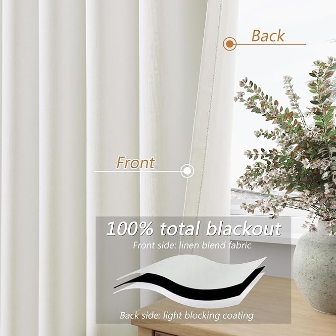 Guken 100% Blackout Linen Curtains 42 Inch Wide by 96 Inch 2 Panels Set for Living Room Bedroom Back Tab Thermal Insulated Black Out Linen Drapes Room Darkening Window Curtains, Ivory