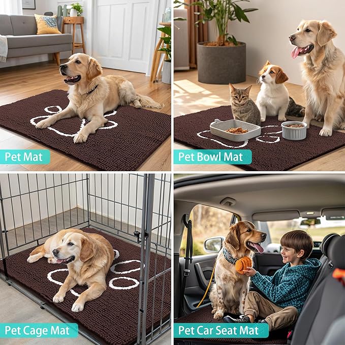 Smiry Dog Door Mat for Muddy Paws, Absorbent Dirt Trapper Non Slip Quick Dry Washable Chenille Mat for Mud Dogs, Entry Rug for Indoor and Outdoor (36x24 Inches, Brown and White)