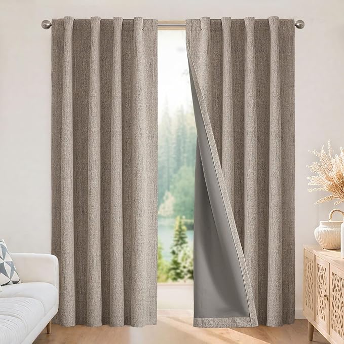Joydeco Blackout Curtains for Bedroom - 100% Light Blocking 2 Panels Set Linen Drapes 42" W x 72" L, Thermal Insulated Room Darkening Curtains, Linen Textured for Living Room, Rod Pocket & Back Tabs