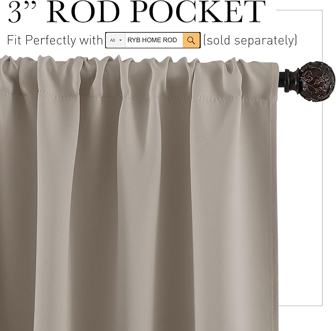 RYB HOME Half Curtain Tiers 36 inch Length, Rod Pocket Summer Heat Blocking Thermal Insulated Short Blackout Curtains for Small Window, Width 34 by Length 36, Sand, 2 Panels