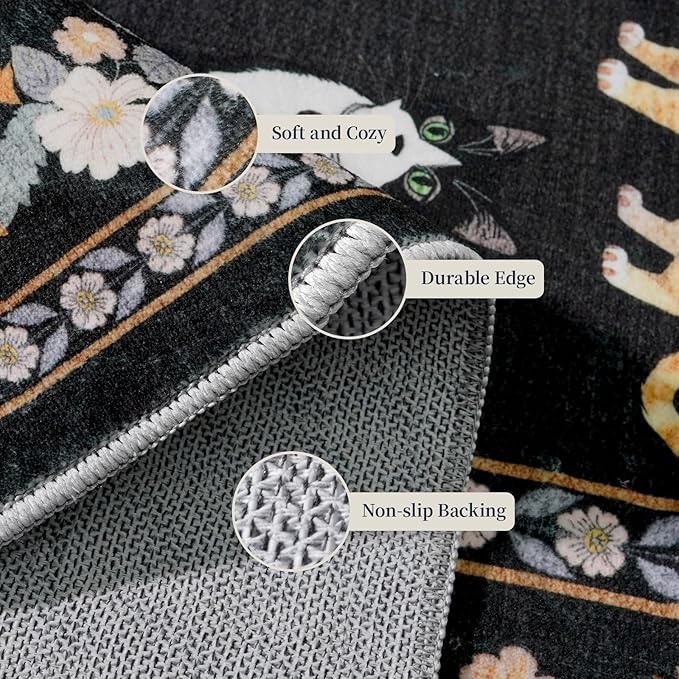 2'6"x8' Washable Kitchen Runner Rug - Soft Low Pile Floral Animal Cat Print Rugs with Non-Slip Backing Waterproof Stain-Resistant Indoor Carpet for Hallway Entryway Bathroom Bedroom (Black)
