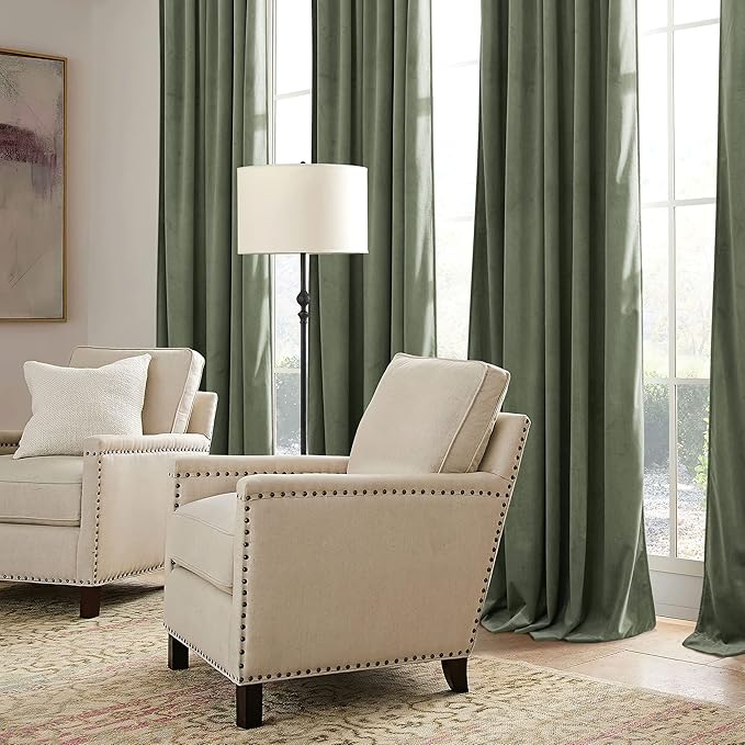 RYB HOME Sage Green Velvet Curtains with Hook Tape, Thermal Insulated Privacy Protect Decorative Drapes for Home Theater, W 52 x L 72 inches, 2 Panels Set