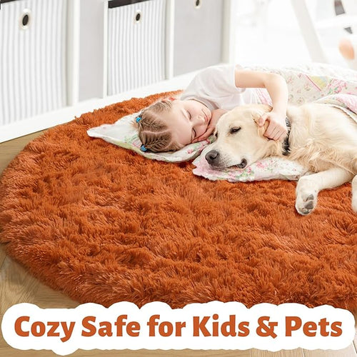 Amdrebio Burnt Orange Round Rugs 6Ft for Living Room Decor, Shaggy Plush Fuzzy Furry Circle Area Rugs for Bedroom Kids Room Aesthetic, Large Fluffy Shag Dark Orange Carpet for Nursery Dorm Classroom