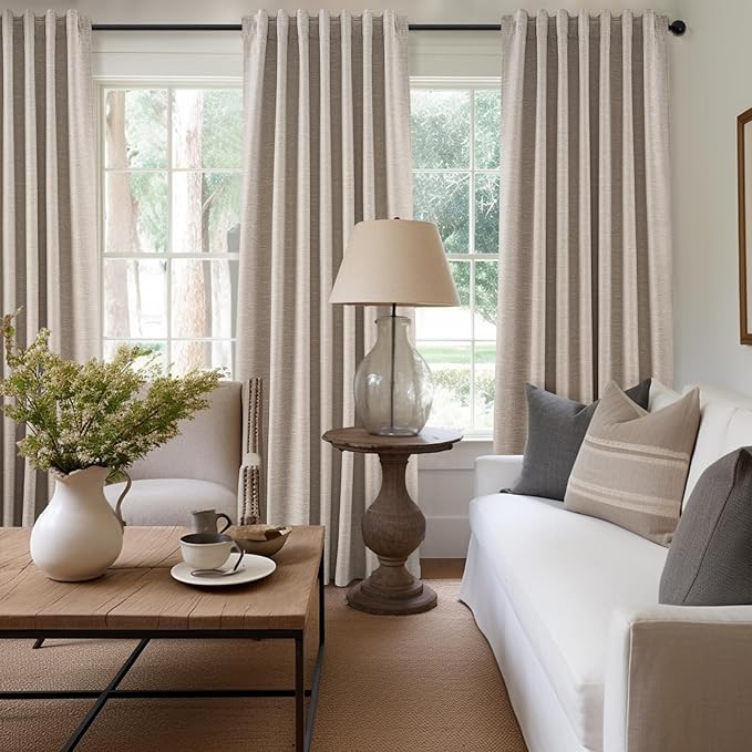 Extra Long Linen Blackout Curtains 132 Inches Long for Bedroom Farmhouse High Ceiling Mount Track Tall Curtain with Hooks Drapes for Sliding Glass Patio Doors 11ft 100% Black Out (W52 xL132 2Panels)