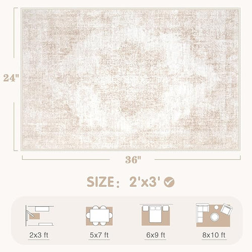 Area Rugs 8x10 Vintage Rug: Large Washable Living Room Rug Retro Medallion Distressed Rugs Soft Low Pile Non-Slip Indoor Floor Carpet for Bedroom Kitchen Nursery Dining Table Office (Beige/Brown)