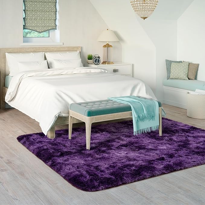 Goideal Fluffy Rug for Bedroom Living Room, 4x6 Purple Area Rugs, Faux Fur Shag Modern Carpet Ultra Soft Girls Boys Room Home Decor, Tie-Dyed