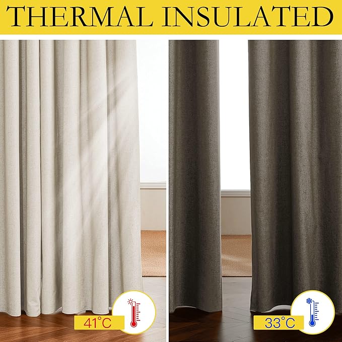 NICETOWN Linen Blackout Curtains for Kitchen, Beige, 2 Panels, 34" Wide x 48" Long, Short Kitchen Burlap Linen 100% Blackout Drape Panels for Night Shift, Great Job for Blocking Light