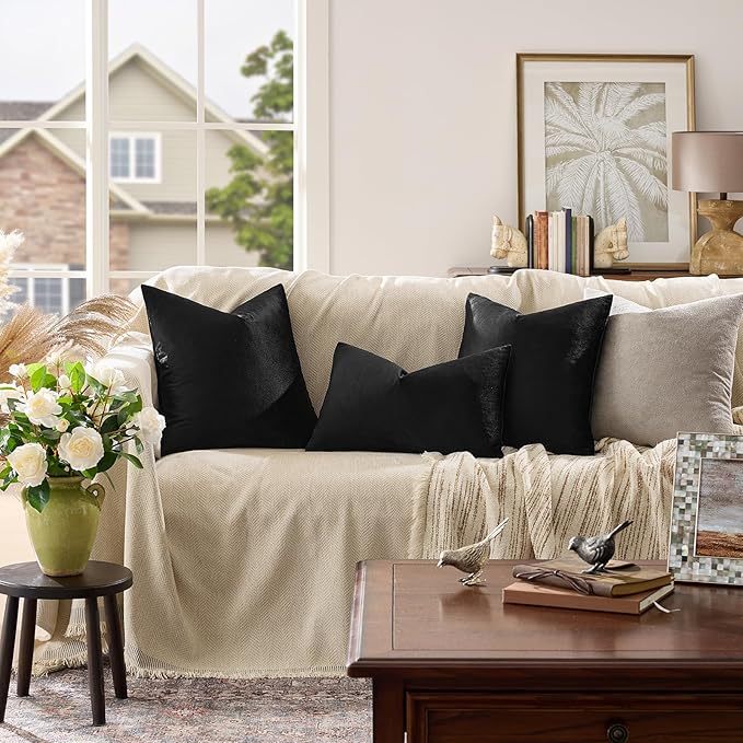 GIGIZAZA Black Velvet Pillow Covers 22x22,Decorative Square Throw Pillows Modern Covers Big Solid Living Room Pillow Cases for Couch Pack of 2
