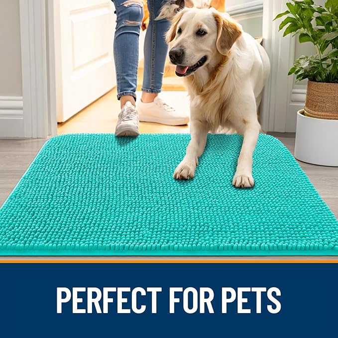 OLANLY Dog Door Mat for Muddy Paws 30x17, Absorbs Moisture and Dirt, Absorbent Non-Slip Washable Doormat, Quick Dry Chenille Mud Mat for Dogs, Entry Indoor Entryway Carpet for Inside Floor, Teal