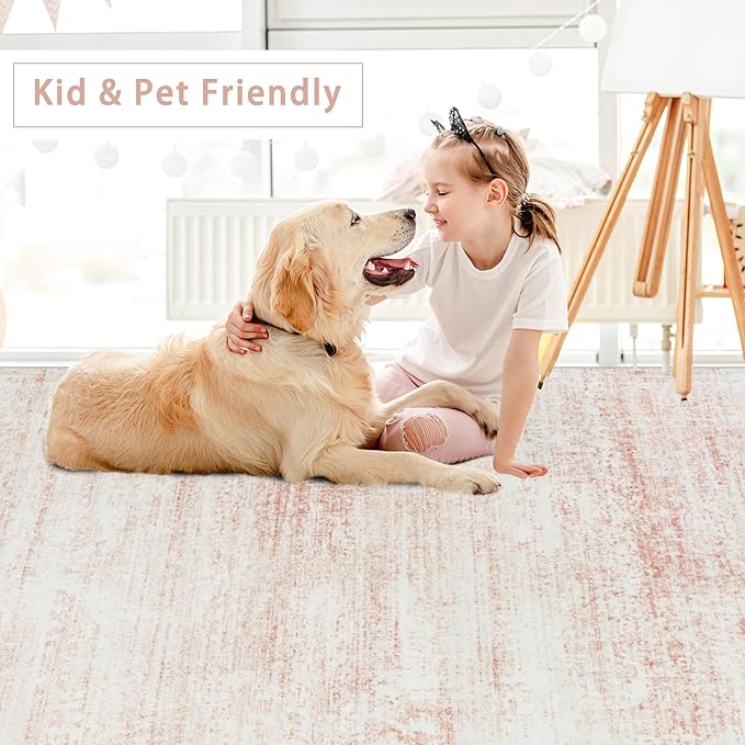 Washable Rugs 6x9 Area Rugs for Living Room,Bedroom,Dining Room- Ultra Soft Faux Wool Nursery Rug for Baby Girl,Neutral Light Pink Low Pile Vintage Carpets for Dorm Kids Playroom,Non Slip