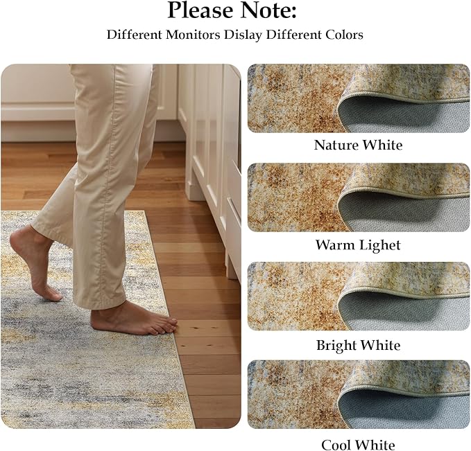3x15 Washable Kitchen Runner Rug: Modern Abstract Runners for Hallway Soft Non Slip Rugs with Rubber Backing Low Pile Thin Waterproof Floor Carpet for Entryway Bedroom Bathroom Indoor 3x15 Grey/Yellow
