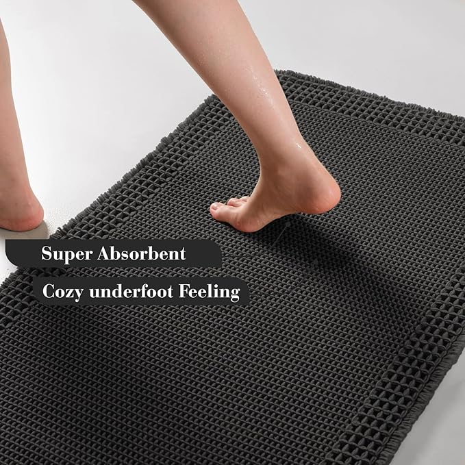 RESARE Waffle Bathroom Runner Rugs, Super Absorbent Bath Mat Non Slip Washable Quick Dry, Upgraded Ultra Soft Boho Bath Rugs with Tassels for Hallway Bedroom Laundry Room, 20"x32" Black