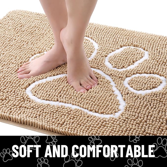 Smiry Dog Door Mat for Muddy Paws, Absorbent Dirt Trapper Non Slip Quick Dry Washable Chenille Mat for Mud Dogs, Entry Rug for Indoor and Outdoor (70x32 Inches, Beige and White)