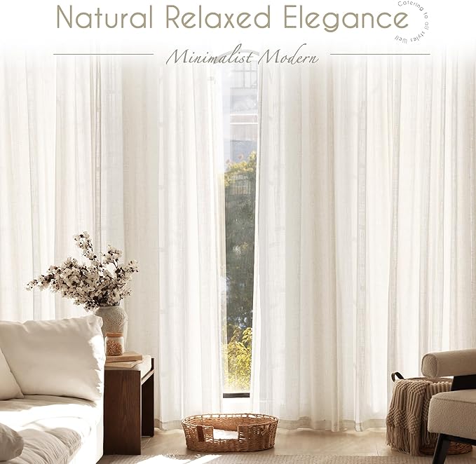 Natural Semi Sheer Linen Curtain 90 inch Length 2 Panels Set Back Tab Light Filtering Living Room Curtain Drapes Home Office Modern Minimalist Decor Farmhouse Boho Neutral Cream Curtain 90 inches Long