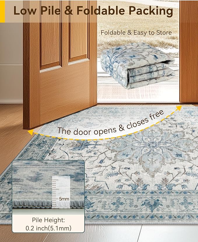 Area Rugs 6'x9' Washable Non-Slip, Floral Vintage Distress Print Pattern Medallion Carpet for Living Room Bedroom Dining Room, Light Blue Navy Beige Gray White