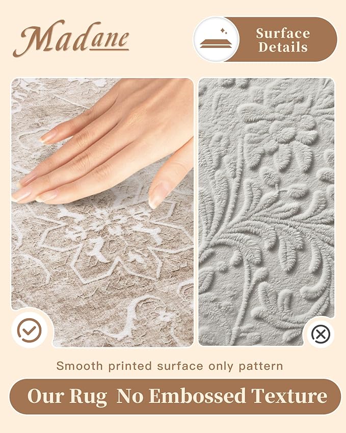 Madane Living Room 10x14 Area Rugs, Washable Low Pile Non-Slip Stain Resistant Extra Large Thin Rug, Vintage Soft Throw Carpet for Dining Room Bedroom Farmhouse Home Office Decor (10 x 14, Brown/Sand)