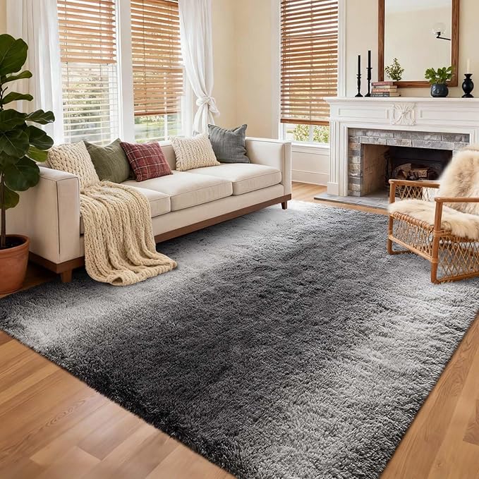 Area Rugs for Living Room, Tie-Dyed 5x7 Feet Soft Fluffy Shagg Plush Rug High Pile Large Indoor Modern Non-Slip Floor Carpet for Bedroom Nursery Kids Home Room Dorm Decor Aesthetic Grey White Gradient