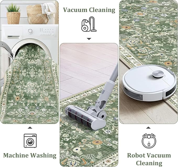 Yamaziot Washable Area Rug 4x6, Non-Slip Boho Floral Living Room Rug with Rubber Backing, Low Pile Distressed Carpet for Bedroom, Living Room, Dining Room, Green