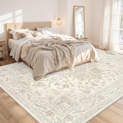 8x10 Area Rugs for Living Room: Vintage Boho Neutral Washable Rug Indoor Soft Large Area Rug Carpet for Bedroom Nursery Farmhouse Dining Room Office Floor Non-Slip Low Pile Under Table Rug Beige White