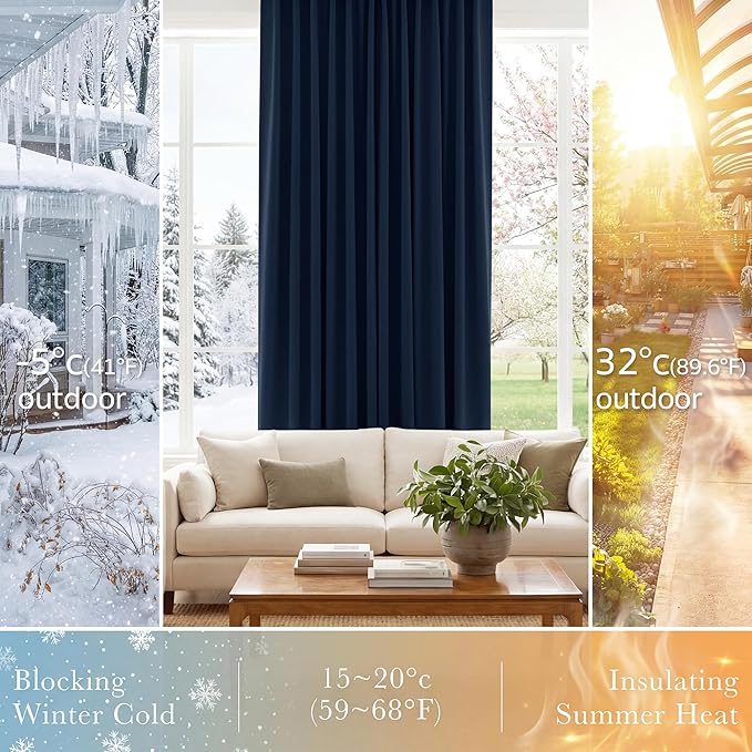 PONY DANCE Blue Black Out Curtains 84 inches - Thermal Insulated Privacy Rod Pocket Curtain Drapes for Kitchen Home Decoration, 52 W x 84 L, Navy Blue, 2 Pieces