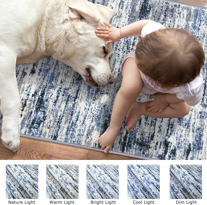Lansny Modern Abstract Runner Rug 2.6x12, Grey Blue White Washable Long Kitchen Runner Non-Slip Soft Hallway Rug Runner Thin Print Faux Wool Carpet for Entryway Bedroom Laundry Room Indoor Home Decor