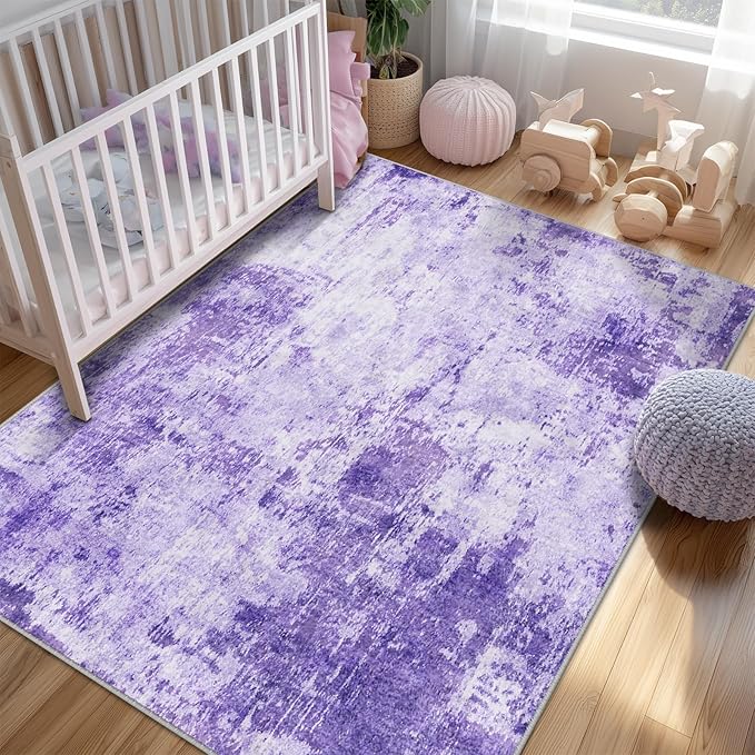 Washable Area Rugs 6'x9' Non-Slip Modern Abstract Soft for Living Room Entryway Bedroom Nursery, Print Pattern, Purple Gray Pink White