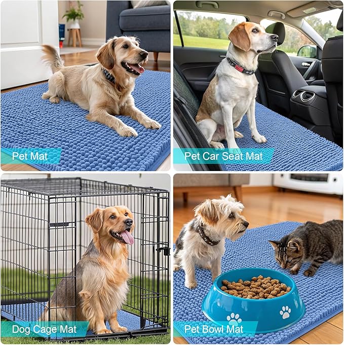 OLANLY Dog Door Mat for Muddy Paws 47x24, Absorbs Moisture and Dirt, Absorbent Non-Slip Washable Doormat, Quick Dry Chenille Mud Mat, Entry Indoor Entryway Carpet for Inside Floor, Cornflower Blue