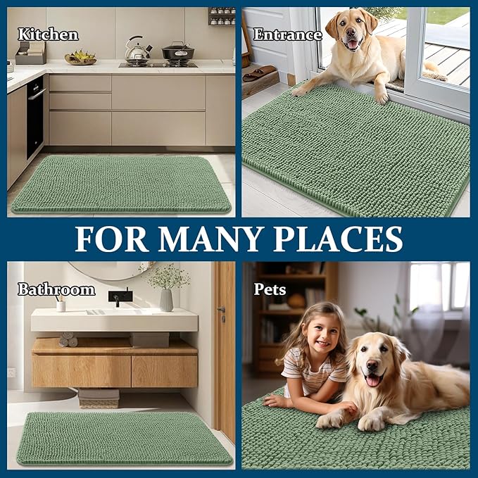 OLANLY Dog Door Mat for Muddy Paws 24x16, Absorbs Moisture and Dirt, Absorbent Non-Slip Washable Doormat, Quick Dry Chenille Mud Mat, Entry Indoor Entryway Carpet for Inside Floor, Olive Green