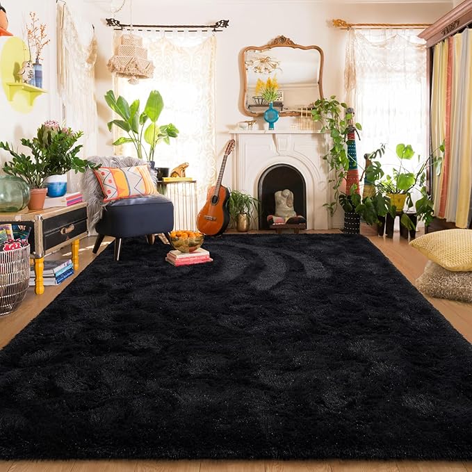 Amearea 8x10 Premium Soft Fluffy Rug Modern Shag Carpet, Fuzzy Shaggy Rugs for Bedroom Living Room Teen Apartment Decor, Comfortable Indoor Furry Dorm Carpets, Black