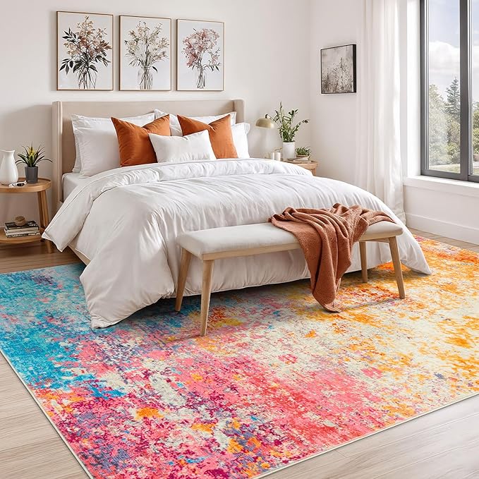 Rugflix 9x12 Area Rugs for Living Room, Washable Large Multicolor Rug Stain-Resistant Low Pile, Modern Carpet for Dining Room Home Office Kid Room Nursery Bedroom, Colorful Rainbow