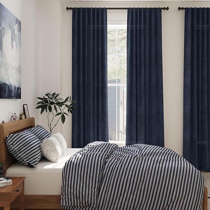 Navy Blue Linen Blend Drapes 84 Inch Length 2 Panels Set Back Tab Rod Pocket Light Filtering Semi Sheer Textured Indigo Blue Curtains Boho Farmhouse Decor Curtains for Living Room Bedroom 40x84