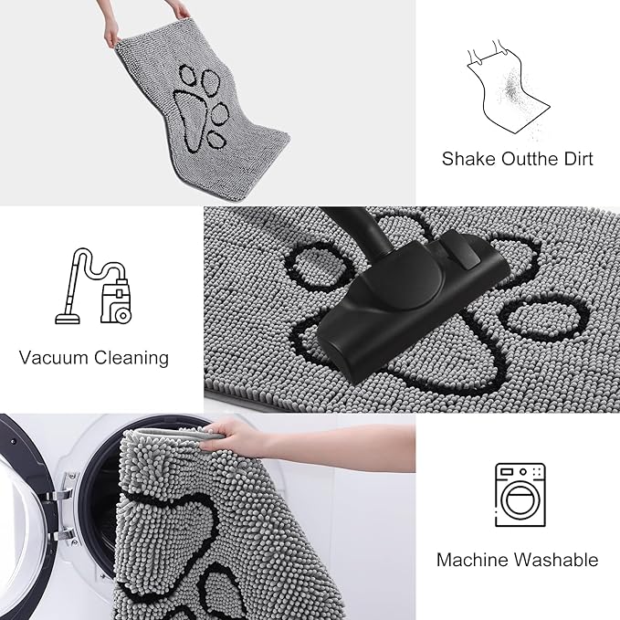 Smiry Dog Door Mat for Muddy Paws, Absorbent Dirt Trapper Non Slip Quick Dry Washable Chenille Mat for Mud Dogs, Entry Rug for Indoor and Outdoor (47x24 Inches, Grey and Black)