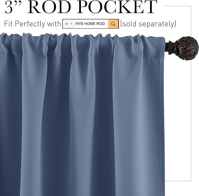 RYB HOME Basement Bathroom Kitchen Cafe Blackout Privacy Curtains, Short Insulating Light UV Heat Blocking Privacy Curtain Tiers for Laundry Room, Width 34 by Length 30, Stone Blue, 2 Panels