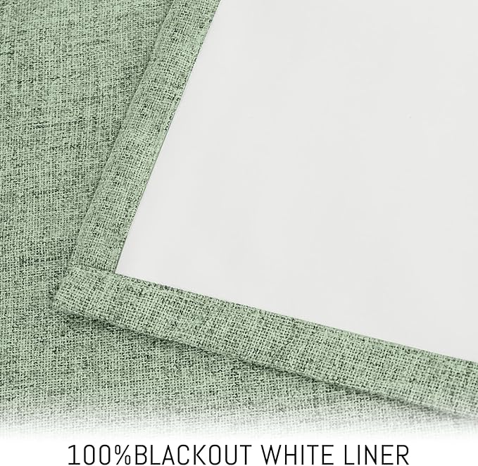 Yakamok Light Sage Green Linen Curtains 100% Blackout 84 Inches Long,Room Darkening Textured Curtains for Living Room Thermal Grommet Bedroom Curtains 2 Panels with White Liner