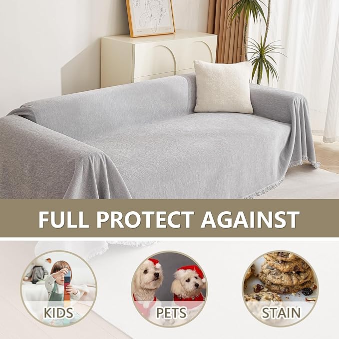 MYSKY HOME Sofa Cover for Dogs Washable for Loveseat, Boho Couch Cover Cover for Sofa, Couch Cover Blanket Soft Thick Durable Tassel Sofa Slipcovers Furniture Protector, 71"x 118", Light Gery