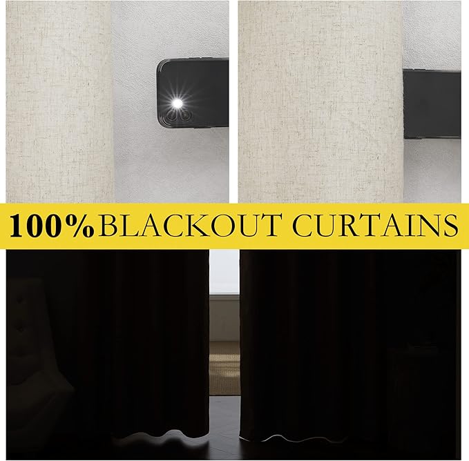 NICETOWN Extra Long Natural Linen 100% Blackout Curtains 120 inches Length 2 Panels Set with Thermal Insulated Liners, 62" Width, Farmhouse Style Window Draperies for Patio Sliding Glass Door