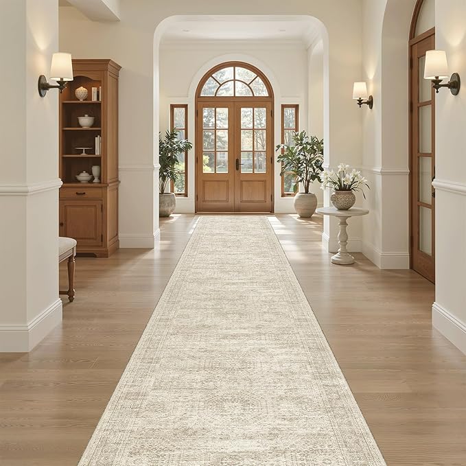 Runner Rug 2'6" x 16' Washable Non-Slip 2.5x16 ft Long Runner Rugs for Kitchen Bathroom Laundry Room Vintage Ultra Thin Runners for Hallway Entryway Beige