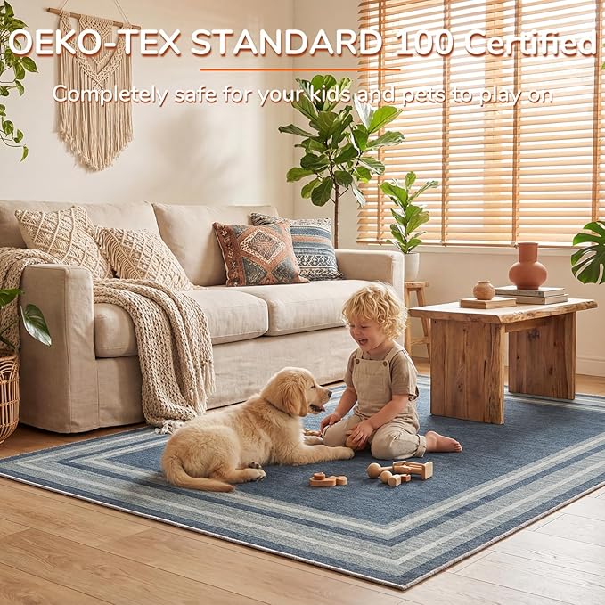 OPPODREAM Border Soft Area Rugs 6x9, Washable Blue Rug with Non Slip Backing, 6 x 9 Faux Cashmere Low-Pile 6x9 Carpet