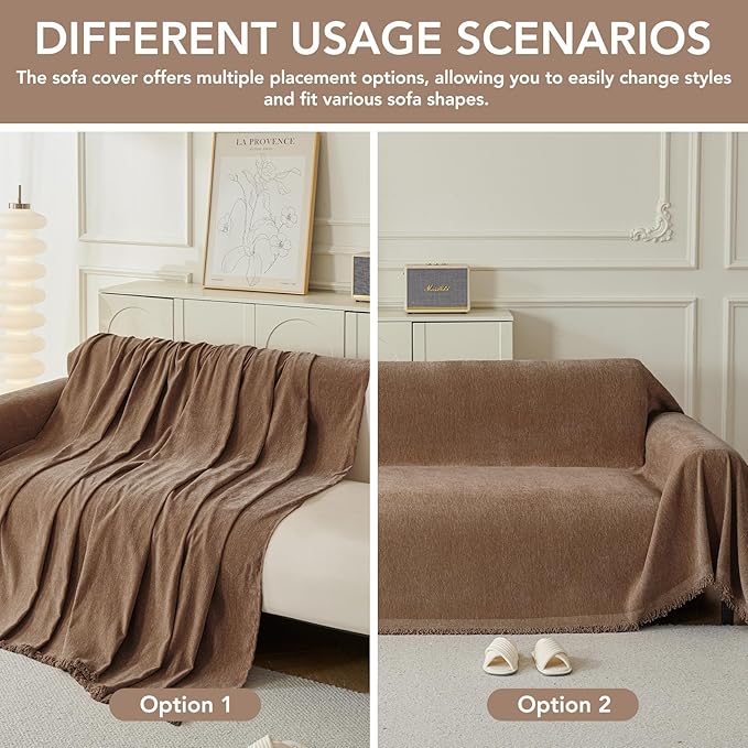 Couch Cover for Dogs, Boho Sofa Covers for 4 Cushion Couch, Chenille Sofa Slipcover for Pets Washable, L-Shape Sectional Couch Cover Soft Throw Blankets with Tassels(91x150,Coffee)