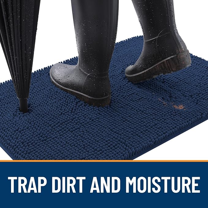 OLANLY Dog Door Mat for Muddy Paws 59x35, Absorbs Moisture and Dirt, Absorbent Non-Slip Washable Doormat, Quick Dry Chenille Mud Mat for Dogs, Entry Indoor Entryway Carpet for Inside Floor, Dark Blue