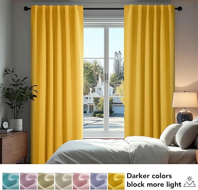 Deconovo Back Tab and Rod Pocket Drapes and Curtains Short Blackout Curtains for Kitchen Windows 42Wx54L Inch Mellow Yellow 2 Panels