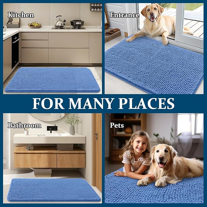OLANLY Dog Door Mat for Muddy Paws 54x32, Absorbs Moisture and Dirt, Absorbent Non-Slip Washable Doormat, Quick Dry Chenille Mud Mat, Entry Indoor Entryway Carpet for Inside Floor, Cornflower Blue