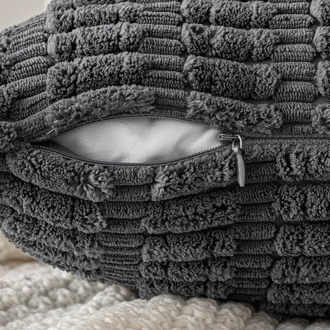 MIULEE Pack of 2 Corduroy Decorative Throw Pillow Covers 18x18 Inch Soft Boho Striped Pillow Covers Modern Farmhouse Home Decor for Sofa Living Room Couch Bed Dark Grey