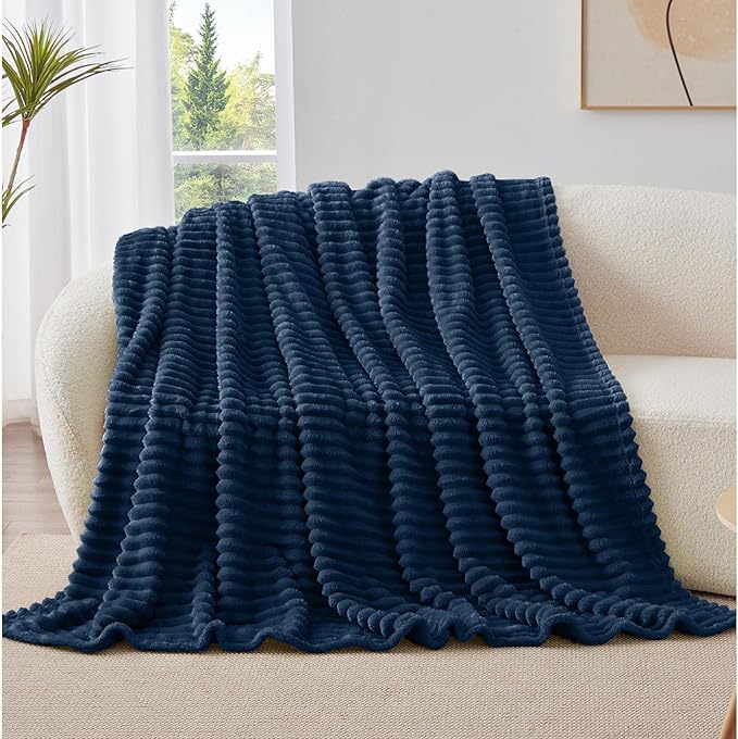 BEDELITE Fleece Throw Blanket for Couch - 300GSM Soft & Warm Fluffy Navy Blanket, Decorative and Giftable Striped Blankets for Women, Men, 50"x60"