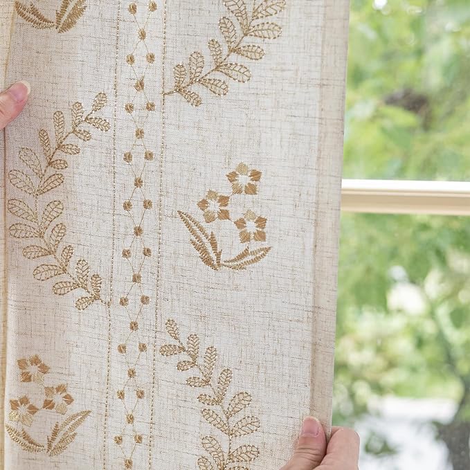 jinchan Belrose Linen Curtains for Bedroom Floral Curtains 96 Inch Length Linen Blend Beige Embroidered Drapes Farmhouse Flower Patterned Drapes for Living Room Window Treatments Set 2 Panels