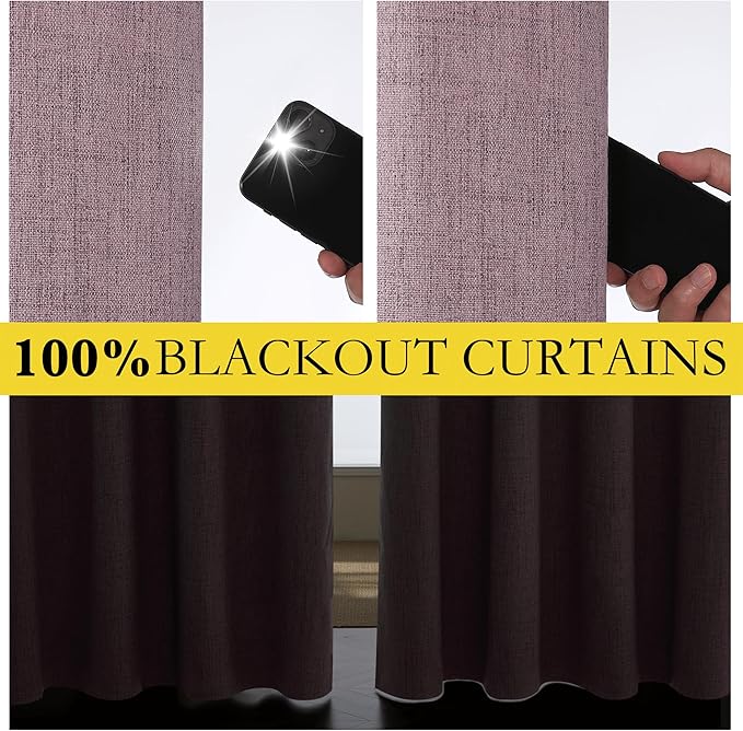 NICETOWN Chaise Mauve Vintage Linen 100% Blackout Curtains for Living Room, Thermal Insulated Curtains 84" Long, Noise Reducing Window Treatment Drapes for Dining Room, 62" Wide Per Panel, Set of 2