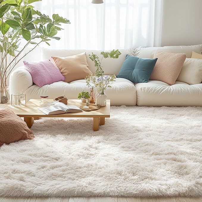 OLANLY 5x11 Machine Washable Large Area Rugs for Living Room, Bedroom, Soft Fluffy Shaggy Bedside Rug, Indoor Floor Carpet for Kids Girls and Boys, Dorms, Nursery, Home Decor Aesthetic, Ivory